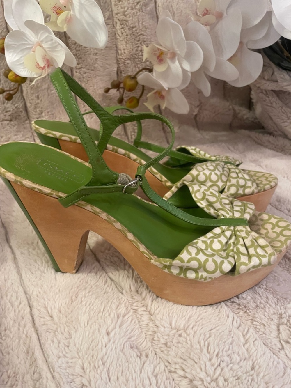 Coach Green Patterned Platform Slingback Sandals